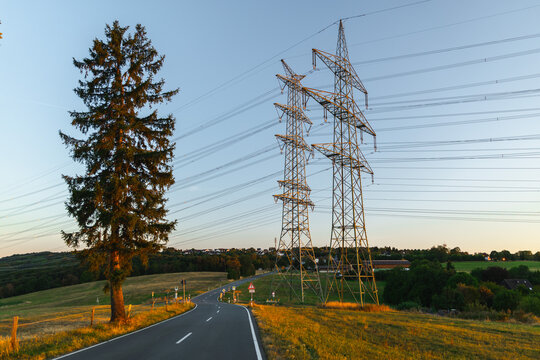 Rural German Road Beneath High-Voltage Transmission Towers