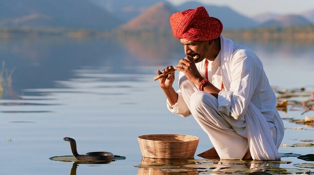 Traditional snake hunter playing flute on lake with coiling black snake near water and basket sitting man