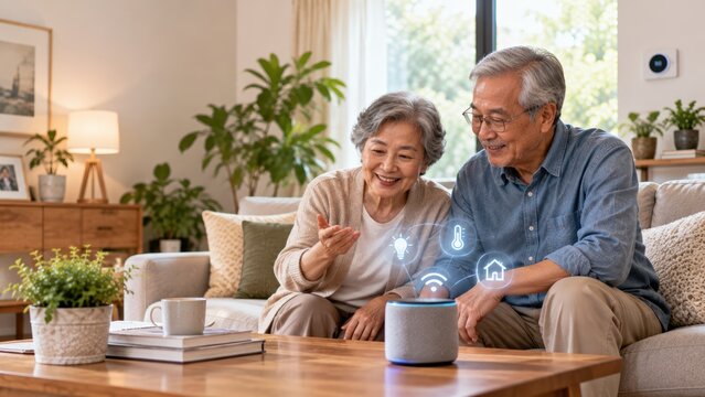 An elderly couple interacts happily with a smart speaker at home, enjoying modern technology in a cozy living room filled with plants and warm decor.