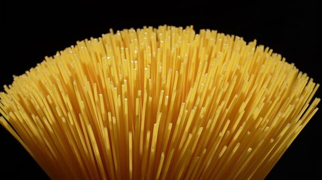 Macro view of dry spaghetti noodles fanned out against black background.