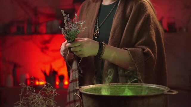 realistic witch brewing a potion. She is twirling a bouquet of dried lavender and reciting a spell. Everyday life intertwined with traditional witchcraft. Magic and a mystical atmosphere.
