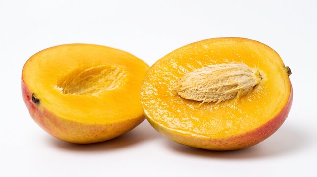 A halved ripe apricot displays its pit clearly on a stark white backdrop highlighting the beautiful bright orange color of the succulent fruit