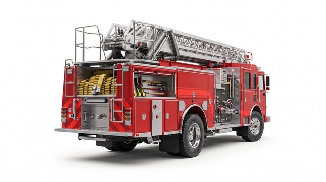 A highly detailed side profile view of a vibrant bright red fire truck featuring a fully extended ladder set against a pristine white