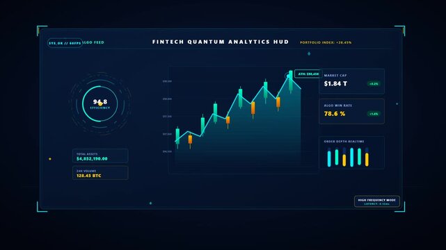 Futuristic digital financial dashboard displaying cryptocurrency trading analytics