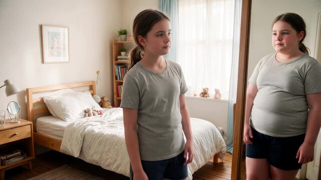 Preteen girl looking at distorted overweight reflection in mirror. Concept of body dysmorphia and self-perception in domestic bedroom setting. Panning and tilting camera movement.