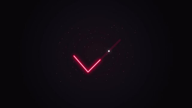 Dynamic animation of a red checkmark symbol forming with a glowing white dot and subtle red particle effects on a dark, abstract background, representing completion or success