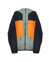 Waterproof color-block hooded ski jacket with orange and green inserts isolated on white background © Krafla