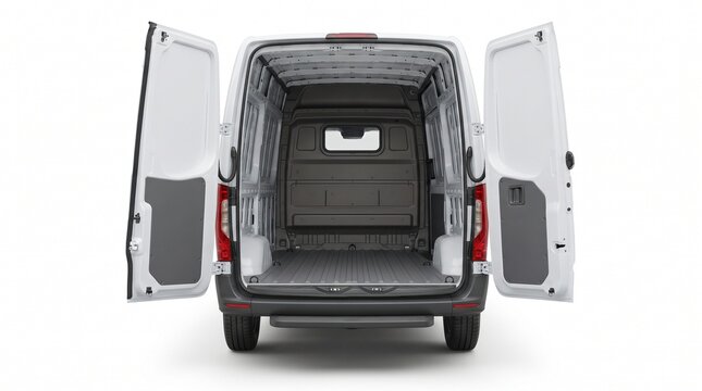 An empty commercial cargo van interior features open rear doors on a white backdrop displaying generous room for transport and versatile functionality