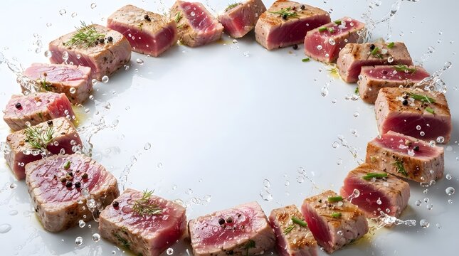 Seared Ahi Tuna Steaks Arranged in a Circle with Water Splashes and Fresh Herbs on a White Background for Gourmet Food Advertising Photography