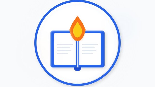 Minimalist icon of an open book with a burning match flame on top.