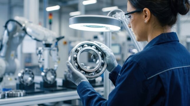 Female quality engineer inspecting high precision metal ball bearing under illuminated magnifying lamp on production line in modern precision engineering manufacturing factory

