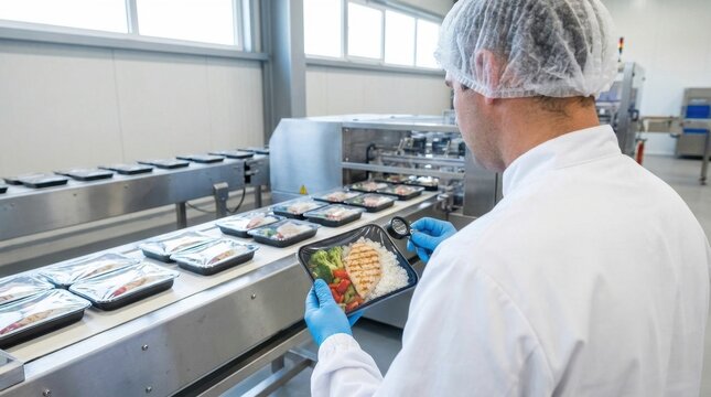 Male quality control inspector inspecting sealed ready-meal packaging tray with grilled chicken rice and vegetables on automated conveyor line in food factory

