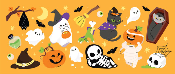 Fototapeta na wymiar Halloween cute spooky character elements set. Vector ghosts, witch, mummy, skeleton, pumpkins, bats, skulls and magical creatures on orange background for party cards and seasonal decoration.