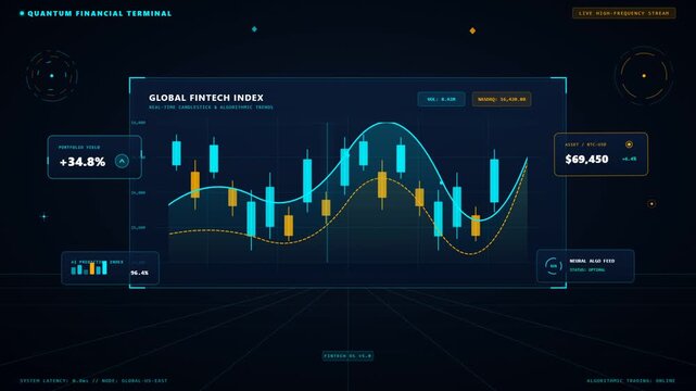 Futuristic financial terminal HUD displaying global fintech candlestick charts