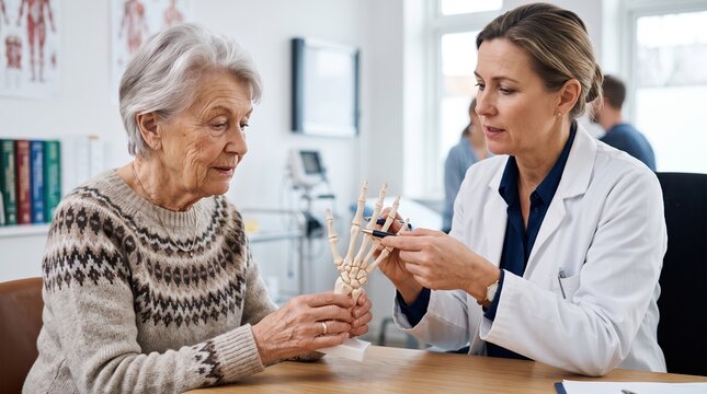 Senior patient visiting the rheumatologist. The doctor and patient examine an anatomical model of the spine.