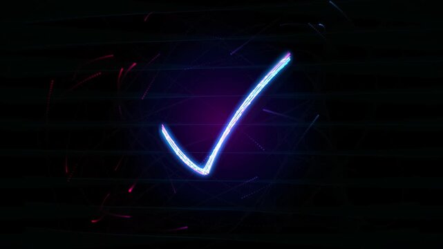 Abstract glowing checkmark symbol made of particles and lines on a dark background