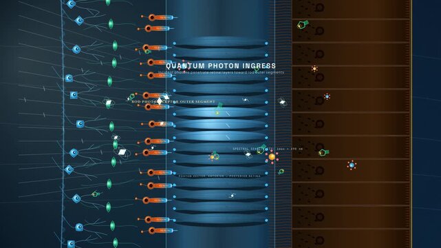 Educational animation detailing the biological process of phototransduction from quantum photon ingress to primary visual cortex synthesis within the human eye and nervous system