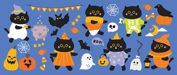 Fototapeta na wymiar Halloween black cat character elements set. Vector cute cats in costumes with pumpkins, ghosts, bats, spider webs, candy and witch hats for party cards, stickers and seasonal decoration.