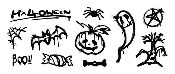 Fototapeta na wymiar Halloween horror spray paint symbols set. Vector black graffiti doodles with spiders, bats, pumpkin, ghost, web, bone, tree, pentagram and Halloween lettering for posters and spooky decoration.