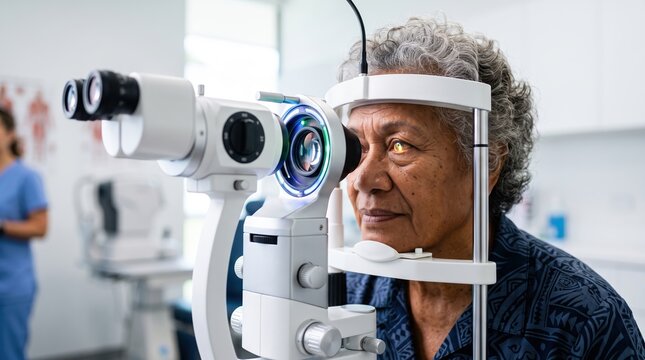 Senior patient visiting the ophthalmologist. The doctor conducts an eye examination on the older African American woman using a slit lamp.