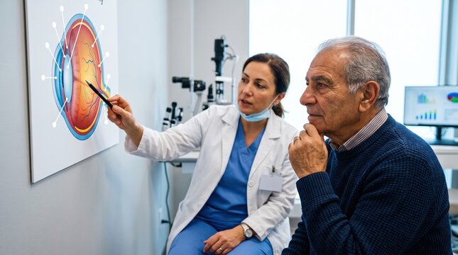 Senior patient visiting the ophthalmologist. The doctor points to an eye diagram on the wall while consulting with the elderly man.