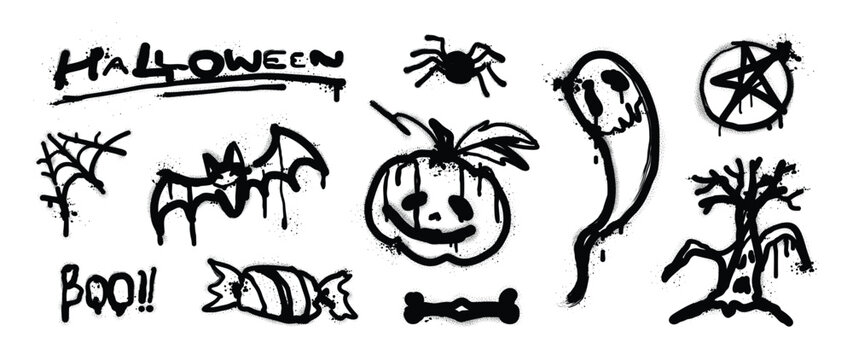 Halloween horror spray paint symbols set. Vector black graffiti doodles with spiders, bats, pumpkin, ghost, web, bone, tree, pentagram and Halloween lettering for posters and spooky decoration.
