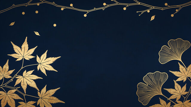 Gold Line Art Autumn Maple Leaf Frame on Navy with Copy Space