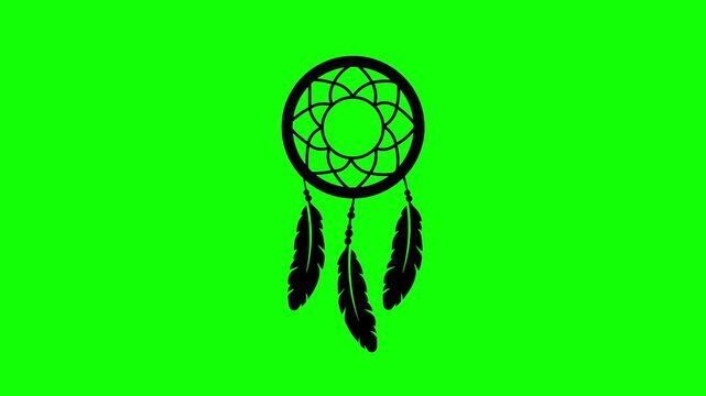 A boho-style dreamcatcher animation featuring a hoop with a web-like pattern and gently swaying feathers. It depicts the silhouette of a Native American talisman symbolizing freedom and tranquility. G