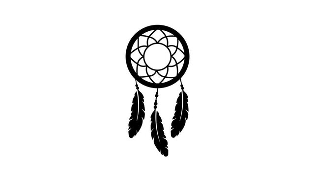 Dreamcatcher animation&mdash;a wall hanging or room decoration featuring a circular, web-like design and dangling soft feathers&mdash;set against a transparent background; 4K video.