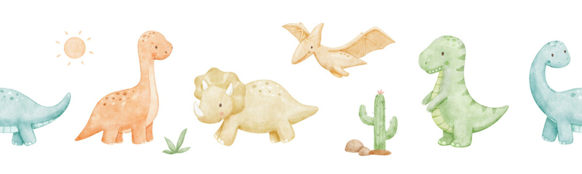 Cute baby dinosaurs seamless border. Watercolour repeating nursery banner for kids. Colorful isolated illustrations