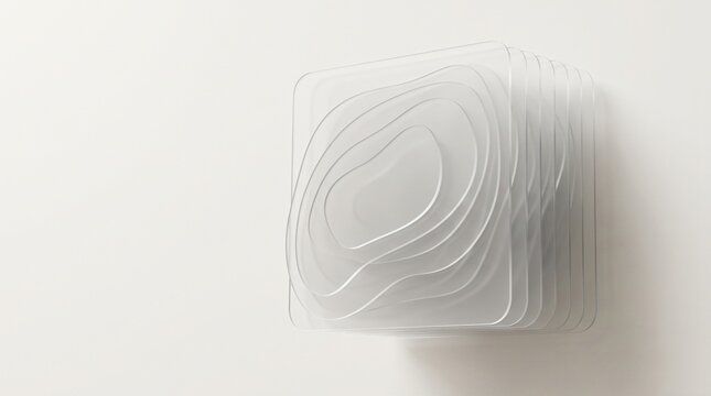 Frosted acrylic glassmorphism topography curves floating banner backdrop, frontal eye level translucent layered organic plates on white wall with copy space for corporate saas software ui presentation