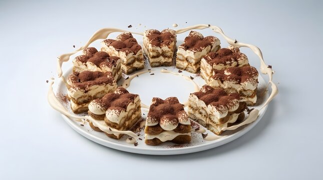 Delicious Tiramisu Slices Arranged in a Wreath Shape with Cream Splash on a White Plate, Professional Food Photography for Culinary Concepts