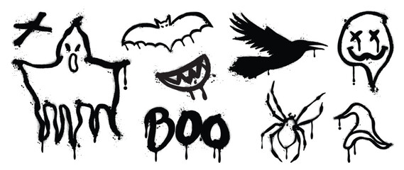 Plakat Halloween spooky doodle elements set. Vector black hand drawn ghosts, bats, raven, spider, dripping shapes and Boo lettering for horror posters, party invitations and seasonal decoration.