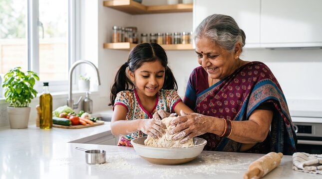 Caregiver helps a senior person to prepare a healthy meal. An older Indian woman and a young girl knead dough together at the kitchen counter.