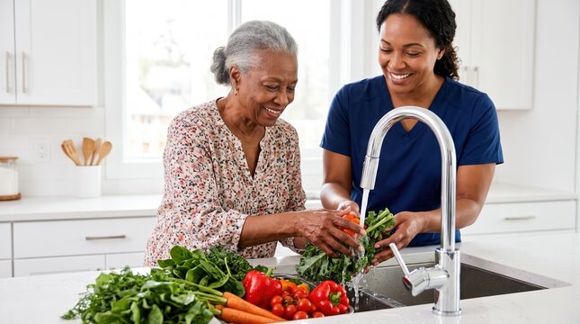Caregiver helps a senior person to prepare a healthy meal. Two African American women cheerfully wash fresh green vegetables in the kitchen sink.