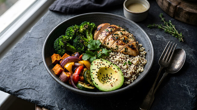 Healthy grilled chicken bowl with quinoa roasted vegetables and fresh avocado.