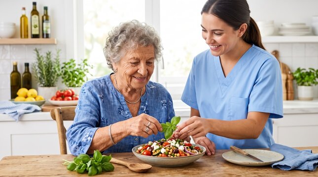 Caregiver helps a senior person to prepare a healthy meal. A smiling nurse assists an older woman in adding fresh basil to a salad.