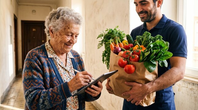 Food delivery service brings fresh meals and groceries to senior citizens. An older woman signs a digital tablet to confirm her grocery delivery from a smiling driver.