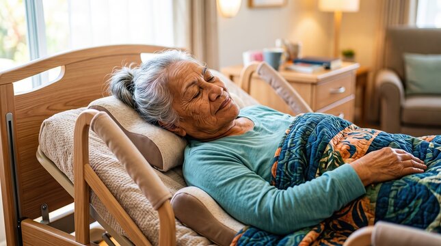 Senior patient resting in a specialized care facility. An older woman sleeps soundly in a wooden medical bed equipped with safety side rails.