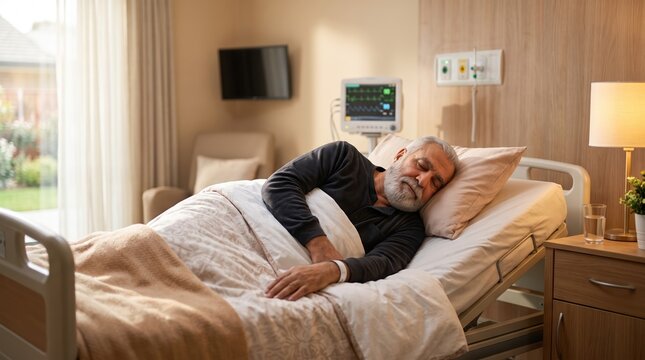 Senior patient resting in a specialized care facility. An older man sleeps deeply in a clinical bed with health monitoring equipment in the background.