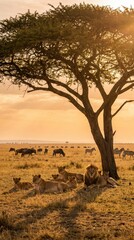 Fototapeta premium pride of lions resting under acacia tree on african savanna at sunset. golden hour wildlife landscape with grazing zebras and wildebeests. safari travel, nature conservation