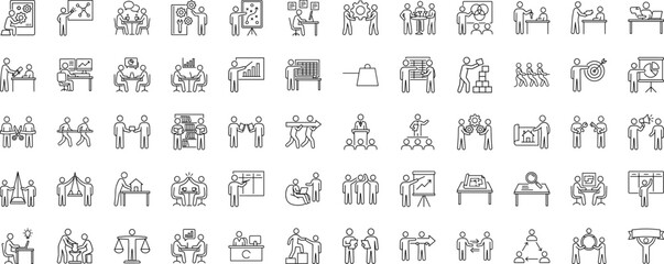 Obraz premium Business Collaboration And Strategy line icon set. Vector pictograms of team, meeting, partnership, and planning elements, thin linear illustration.