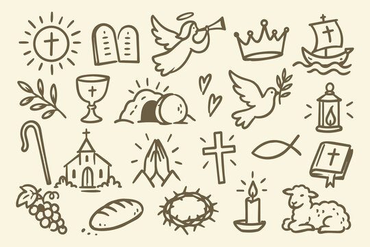 Hand drawn Christian faith doodle set, line art vector icons of religious church elements