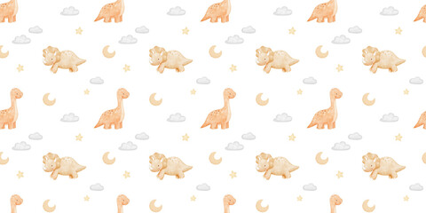 Cute baby dinosaurs watercolour seamless pattern. Repeating nursery hand painted background for textiles and paper. Backdrop with triceratops for kids, girls © Elena