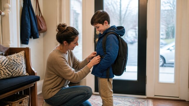 Caring Mother Helping Little Son With Backpack Before School