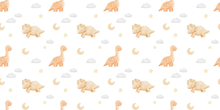 Cute baby dinosaurs watercolour seamless pattern. Repeating nursery hand painted background for textiles and paper. Backdrop with triceratops for kids, girls