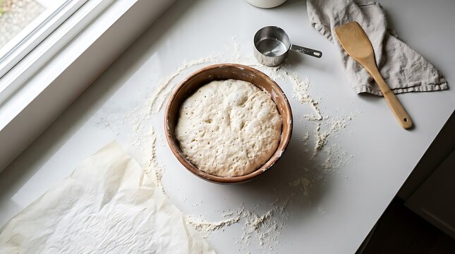 Bowl of bread dough rising on a kitchen counter with a wooden spoon and measuring cup. no-knead dough