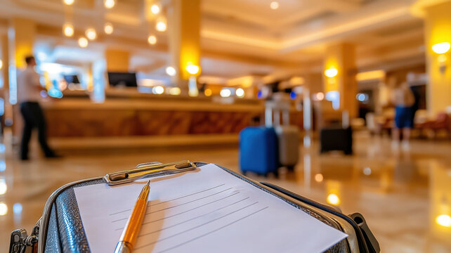 Hotel guest completing post stay satisfaction feedback form in warm lobby with luggage near reception