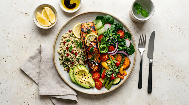 A healthy grilled salmon fillet served with quinoa, fresh avocado, and roasted vegetables on a plate.
