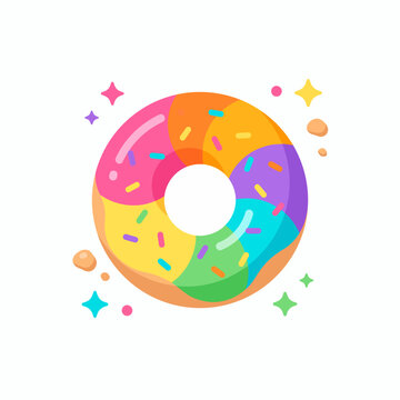 Colorful Rainbow Frosted Donut Illustration with Sprinkles and Sparkles on White Background